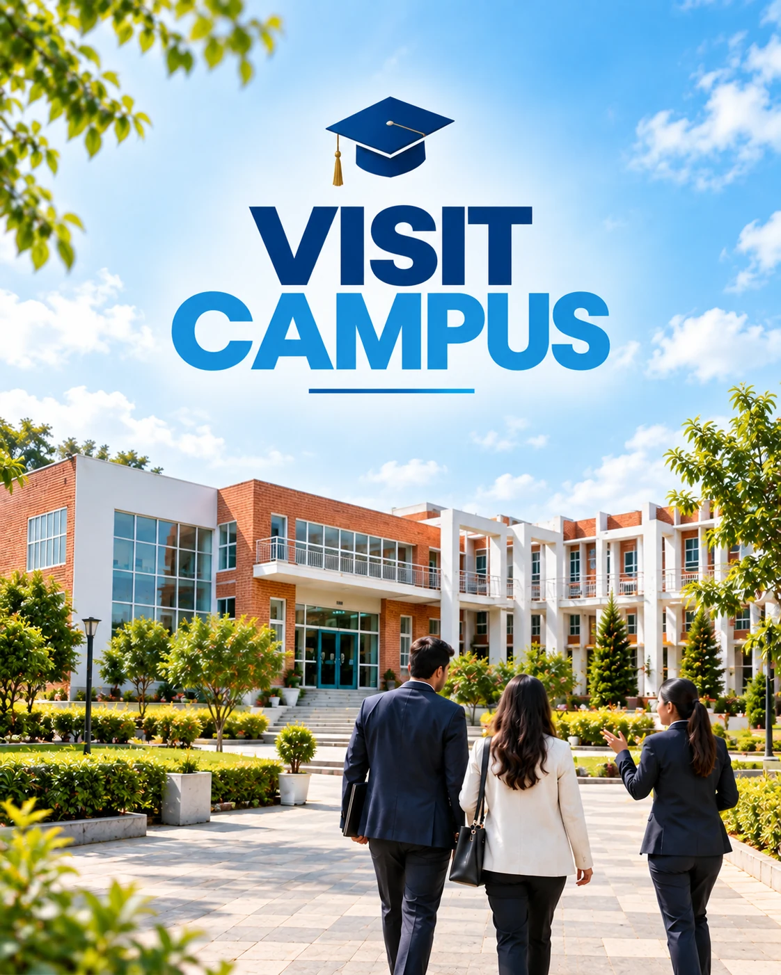 Campus visit illustration showing delegates arriving at a university building