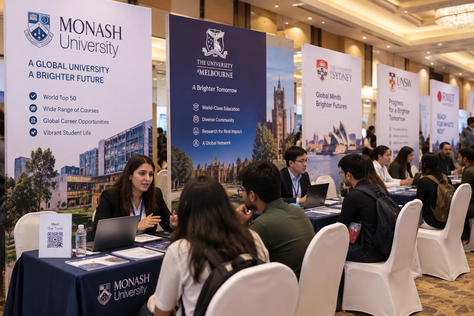 Illustrative international education fair with university stands and student conversations