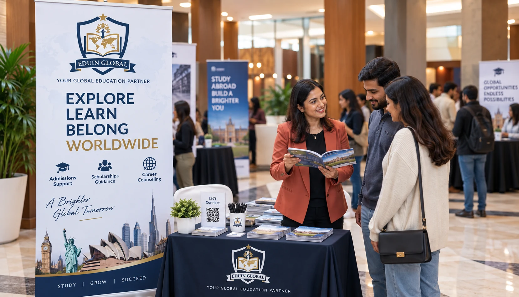 Illustrative EDUIN GLOBAL adviser discussing study options with students at an education fair