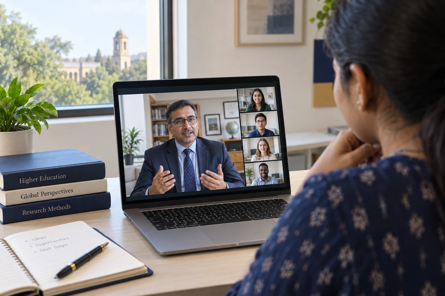 Illustrative online university webinar with a representative and student participants